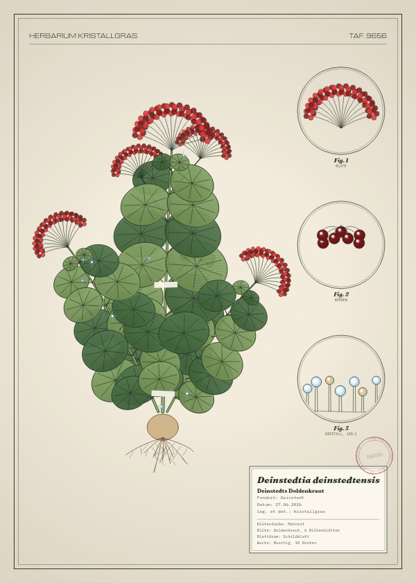 Botanische Tafel: Deinstedtia deinstedtensis, eine erfundene Pflanze aus Deinstedt, gezeichnet wie in einem alten Pflanzenatlas