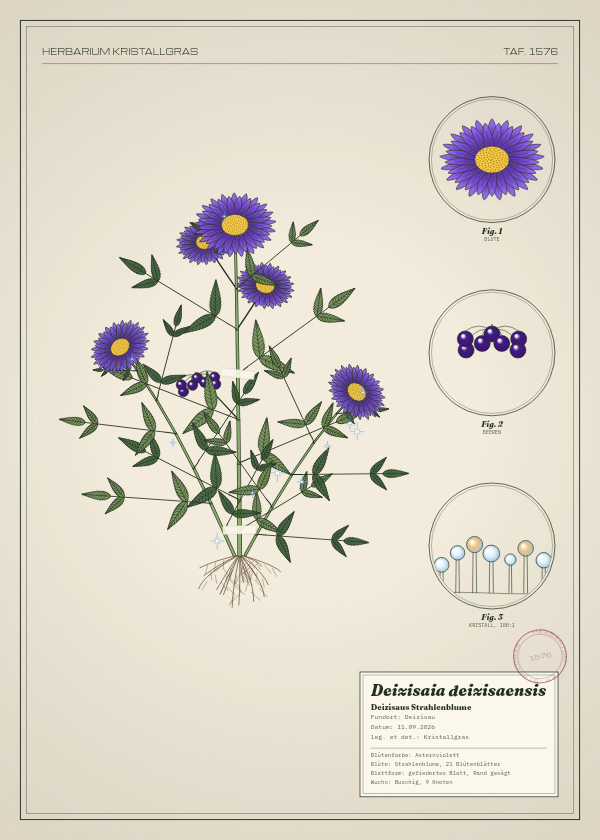 Botanische Tafel: Deizisaia deizisaensis, eine erfundene Pflanze aus Deizisau, gezeichnet wie in einem alten Pflanzenatlas
