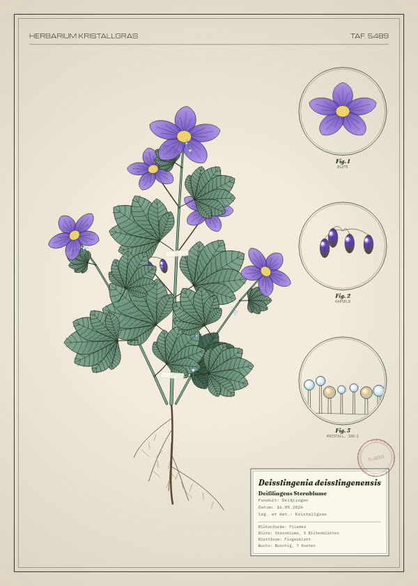 Botanische Tafel: Deisslingenia deisslingenensis, eine erfundene Pflanze aus Deißlingen, gezeichnet wie in einem alten Pflanzenatlas