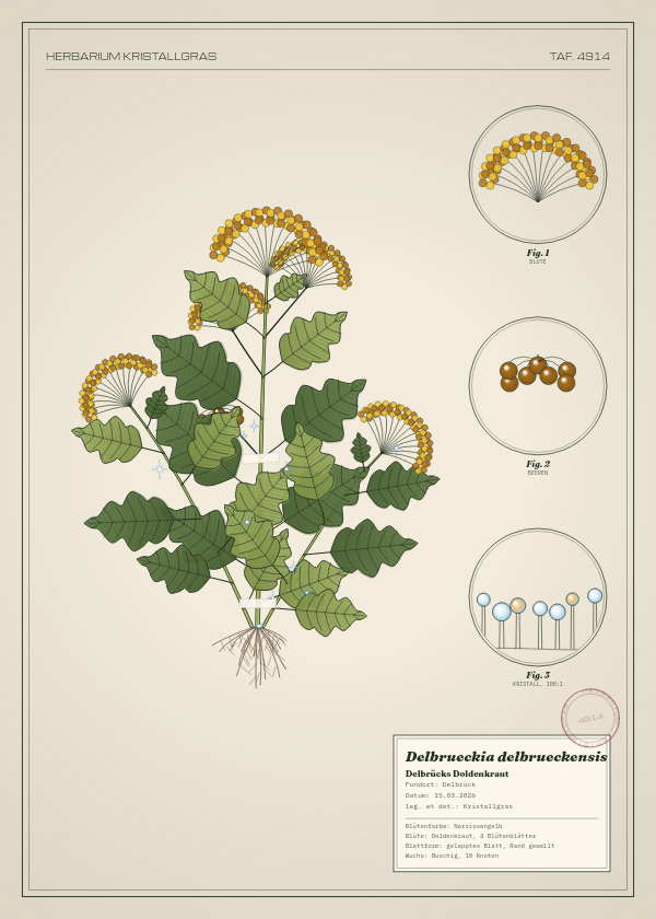 Botanische Tafel: Delbrueckia delbrueckensis, eine erfundene Pflanze aus Delbrück, gezeichnet wie in einem alten Pflanzenatlas