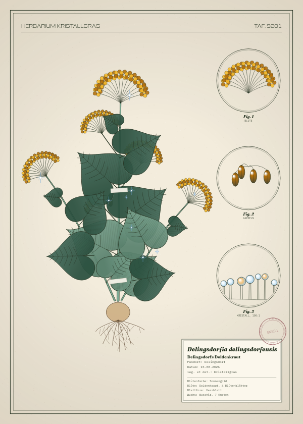 Botanische Tafel: Delingsdorfia delingsdorfensis, eine erfundene Pflanze aus Delingsdorf, gezeichnet wie in einem alten Pflanzenatlas