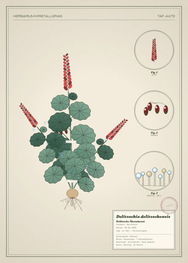 Botanische Tafel: Delitzschia delitzschensis, eine erfundene Pflanze aus Delitzsch, gezeichnet wie in einem alten Pflanzenatlas