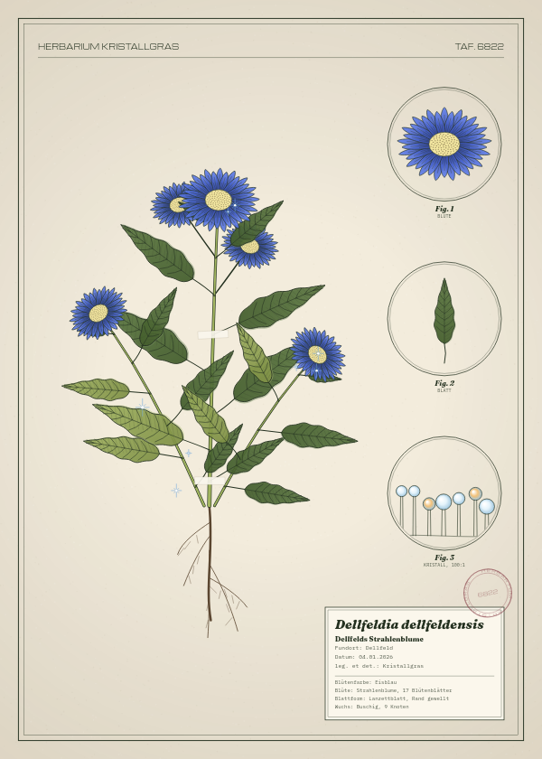 Botanische Tafel: Dellfeldia dellfeldensis, eine erfundene Pflanze aus Dellfeld, gezeichnet wie in einem alten Pflanzenatlas