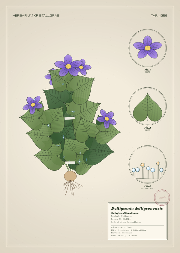 Botanische Tafel: Delligsenia delligsenensis, eine erfundene Pflanze aus Delligsen, gezeichnet wie in einem alten Pflanzenatlas
