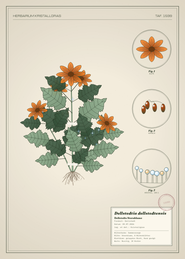 Botanische Tafel: Dellstedtia dellstedtensis, eine erfundene Pflanze aus Dellstedt, gezeichnet wie in einem alten Pflanzenatlas