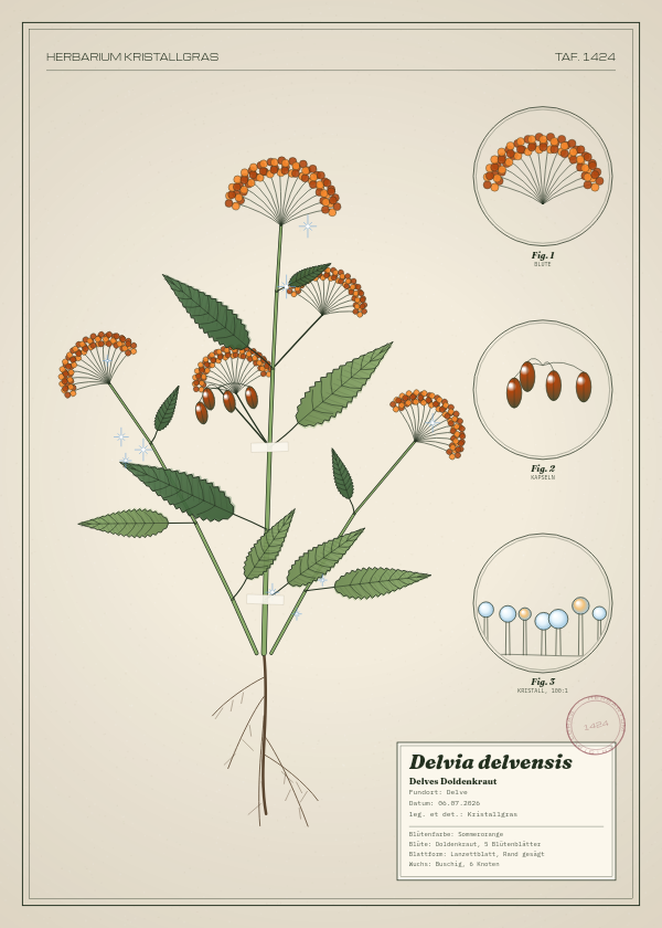 Botanische Tafel: Delvia delvensis, eine erfundene Pflanze aus Delve, gezeichnet wie in einem alten Pflanzenatlas