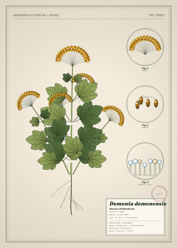 Botanische Tafel: Demenia demenensis, eine erfundene Pflanze aus Demen, gezeichnet wie in einem alten Pflanzenatlas