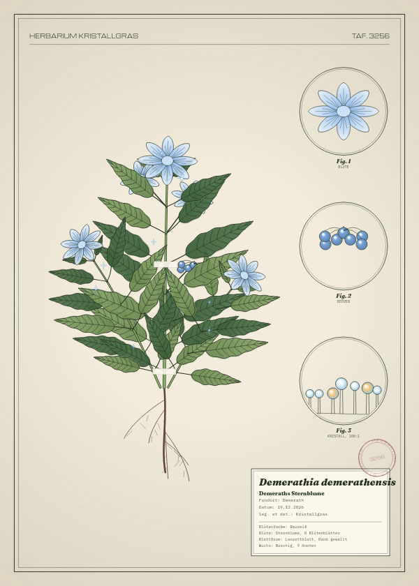 Botanische Tafel: Demerathia demerathensis, eine erfundene Pflanze aus Demerath, gezeichnet wie in einem alten Pflanzenatlas