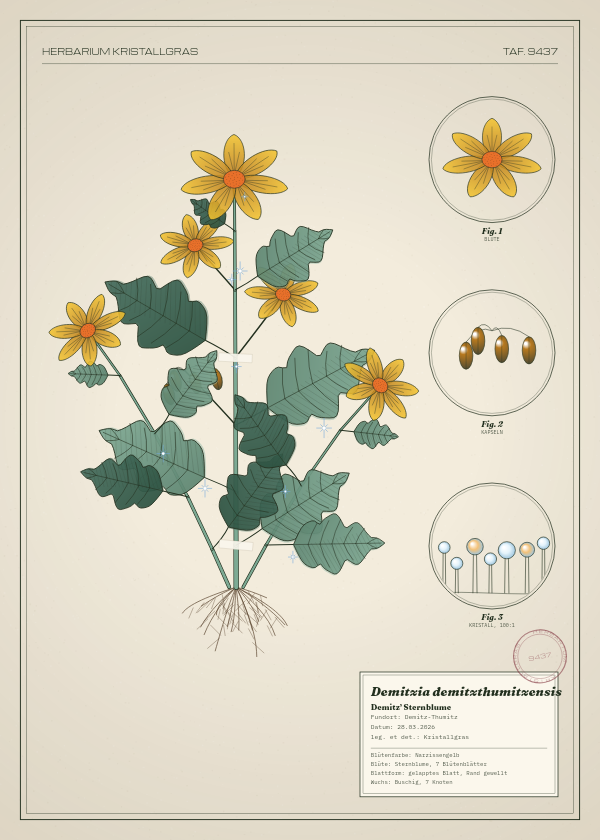 Botanische Tafel: Demitzia demitzthumitzensis, eine erfundene Pflanze aus Demitz-Thumitz, gezeichnet wie in einem alten Pflanzenatlas