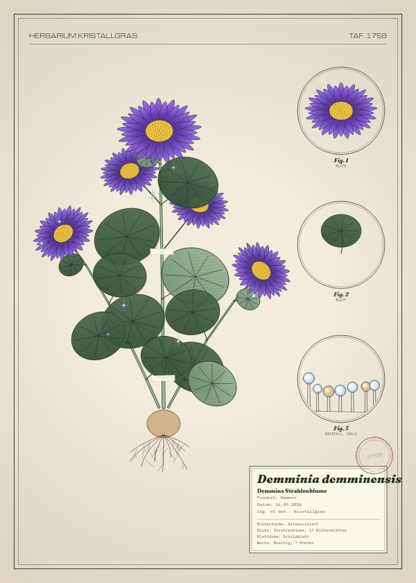 Botanische Tafel: Demminia demminensis, eine erfundene Pflanze aus Demmin, gezeichnet wie in einem alten Pflanzenatlas