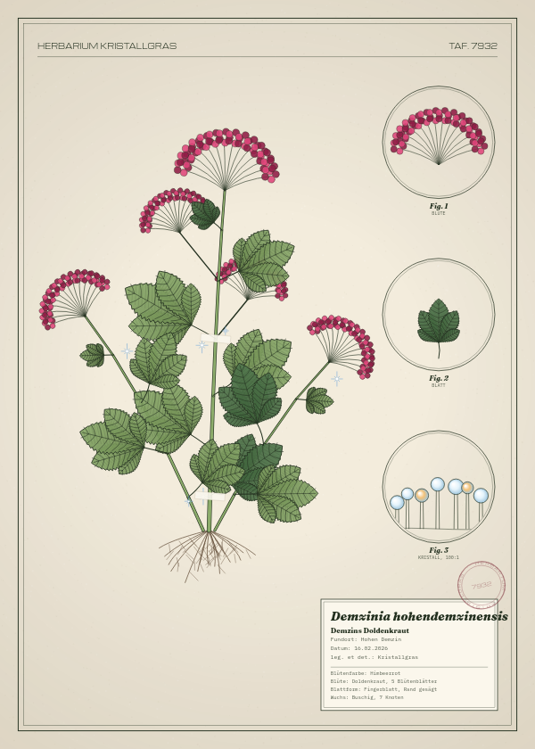 Botanische Tafel: Demzinia hohendemzinensis, eine erfundene Pflanze aus Hohen Demzin, gezeichnet wie in einem alten Pflanzenatlas