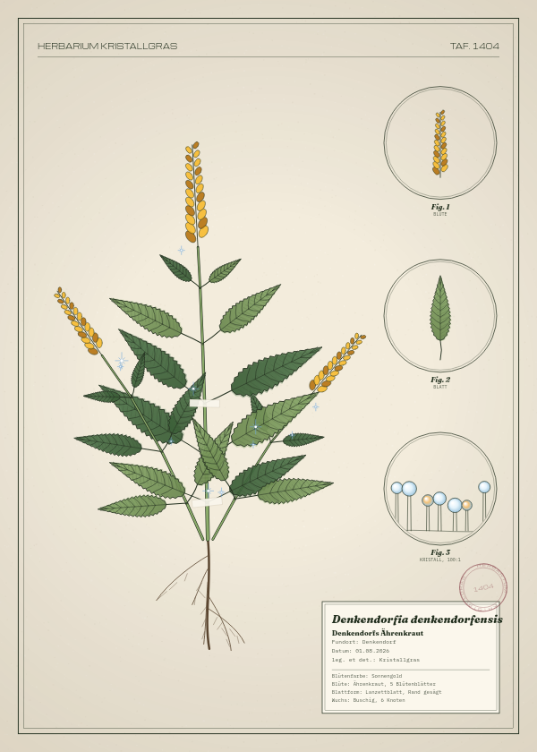 Botanische Tafel: Denkendorfia denkendorfensis, eine erfundene Pflanze aus Denkendorf, gezeichnet wie in einem alten Pflanzenatlas