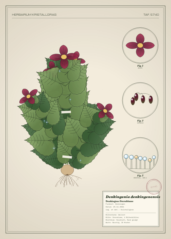 Botanische Tafel: Denkingenia denkingenensis, eine erfundene Pflanze aus Denkingen, gezeichnet wie in einem alten Pflanzenatlas