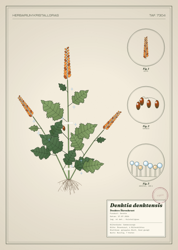 Botanische Tafel: Denktia denktensis, eine erfundene Pflanze aus Denkte, gezeichnet wie in einem alten Pflanzenatlas