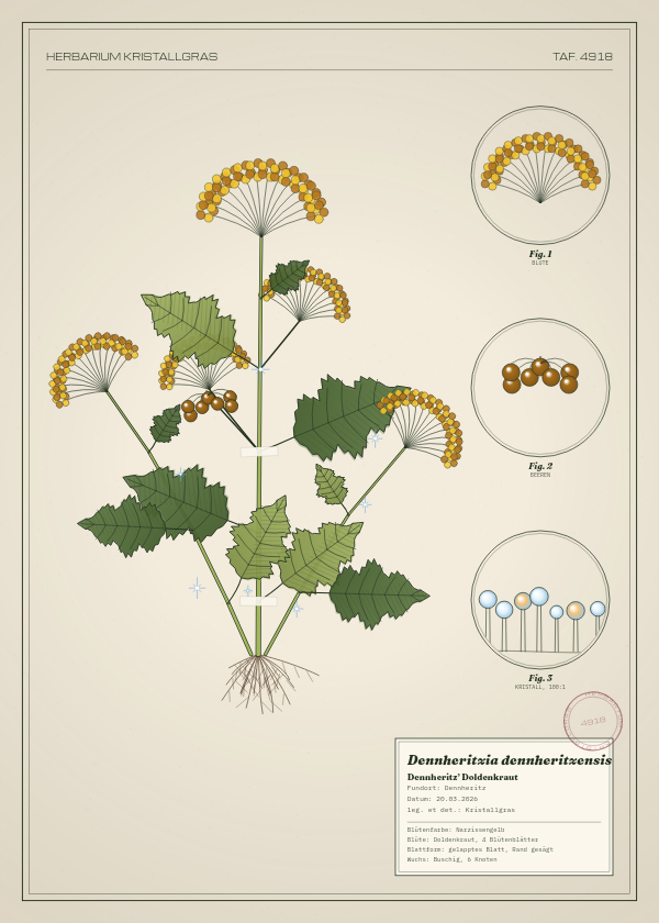 Botanische Tafel: Dennheritzia dennheritzensis, eine erfundene Pflanze aus Dennheritz, gezeichnet wie in einem alten Pflanzenatlas
