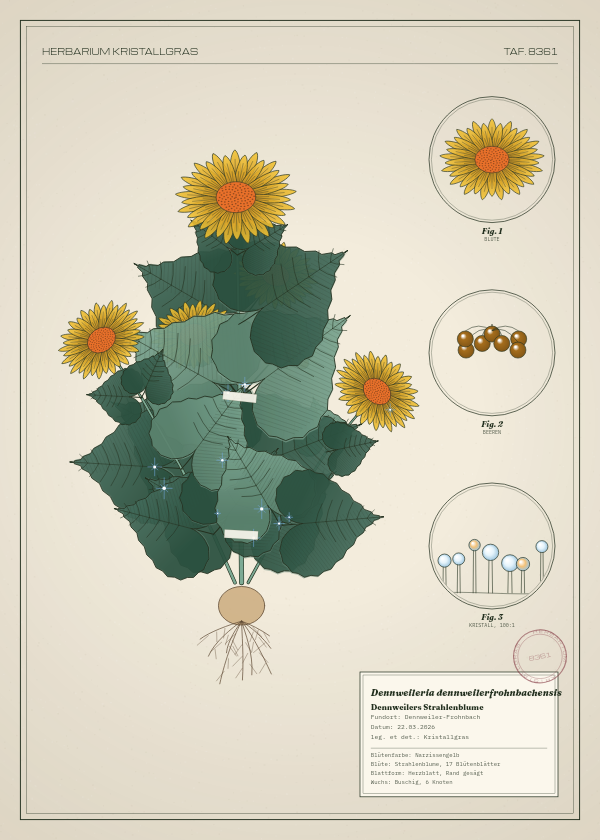 Botanische Tafel: Dennweileria dennweilerfrohnbachensis, eine erfundene Pflanze aus Dennweiler-Frohnbach, gezeichnet wie in einem alten Pflanzenatlas