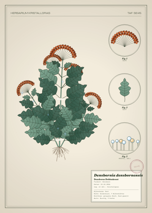 Botanische Tafel: Densbornia densbornensis, eine erfundene Pflanze aus Densborn, gezeichnet wie in einem alten Pflanzenatlas