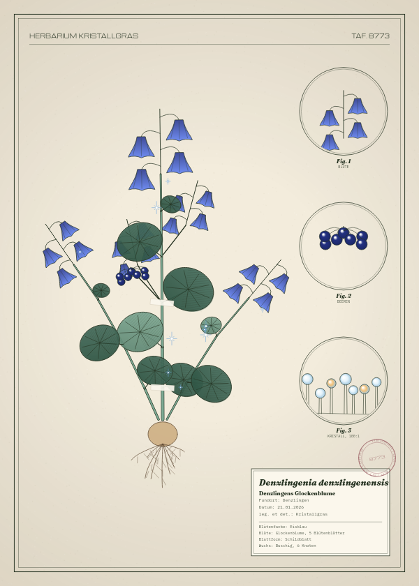 Botanische Tafel: Denzlingenia denzlingenensis, eine erfundene Pflanze aus Denzlingen, gezeichnet wie in einem alten Pflanzenatlas