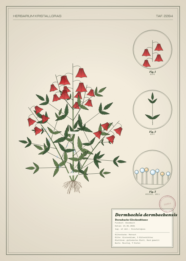 Botanische Tafel: Dermbachia dermbachensis, eine erfundene Pflanze aus Dermbach, gezeichnet wie in einem alten Pflanzenatlas