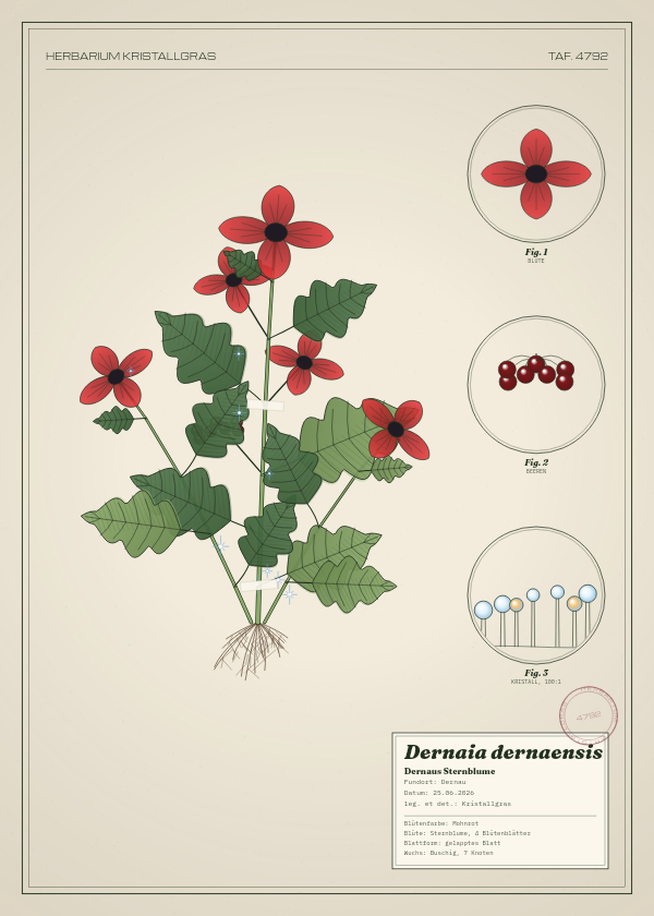 Botanische Tafel: Dernaia dernaensis, eine erfundene Pflanze aus Dernau, gezeichnet wie in einem alten Pflanzenatlas