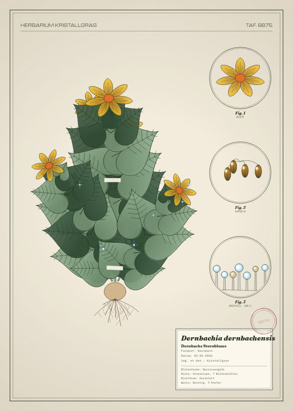 Botanische Tafel: Dernbachia dernbachensis, eine erfundene Pflanze aus Dernbach, gezeichnet wie in einem alten Pflanzenatlas