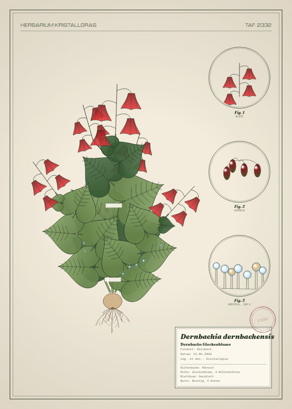 Botanische Tafel: Dernbachia dernbachensis, eine erfundene Pflanze aus Dernbach, gezeichnet wie in einem alten Pflanzenatlas