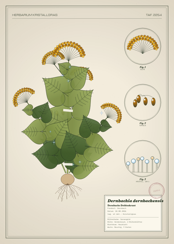 Botanische Tafel: Dernbachia dernbachensis, eine erfundene Pflanze aus Dernbach, gezeichnet wie in einem alten Pflanzenatlas