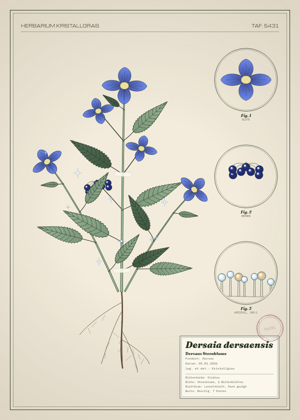Botanische Tafel: Dersaia dersaensis, eine erfundene Pflanze aus Dersau, gezeichnet wie in einem alten Pflanzenatlas