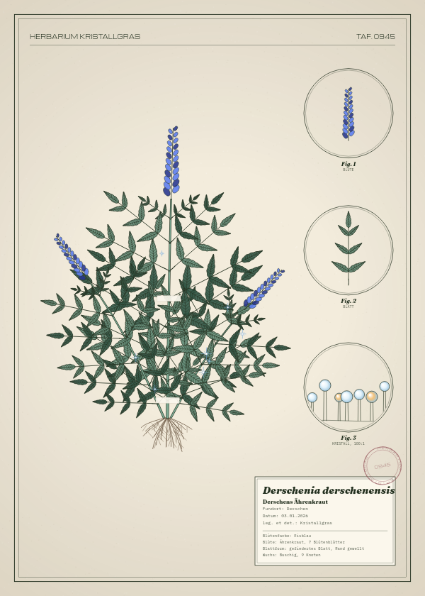 Botanische Tafel: Derschenia derschenensis, eine erfundene Pflanze aus Derschen, gezeichnet wie in einem alten Pflanzenatlas