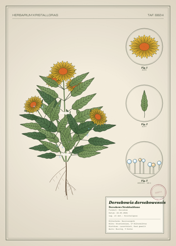 Botanische Tafel: Dersekowia dersekowensis, eine erfundene Pflanze aus Dersekow, gezeichnet wie in einem alten Pflanzenatlas