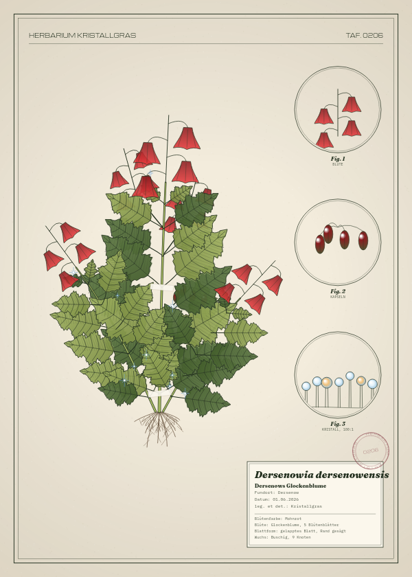 Botanische Tafel: Dersenowia dersenowensis, eine erfundene Pflanze aus Dersenow, gezeichnet wie in einem alten Pflanzenatlas