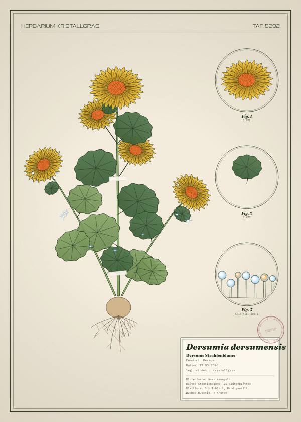 Botanische Tafel: Dersumia dersumensis, eine erfundene Pflanze aus Dersum, gezeichnet wie in einem alten Pflanzenatlas