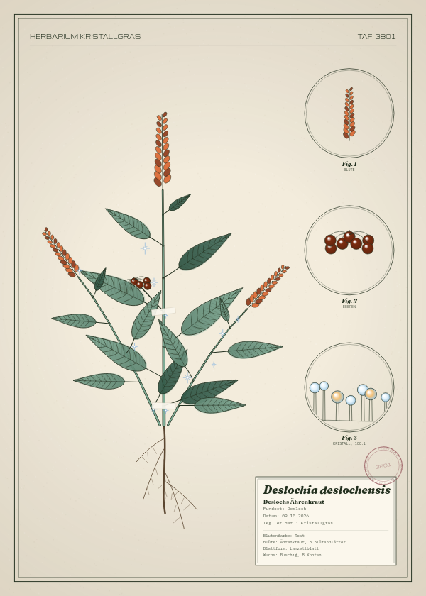Botanische Tafel: Deslochia deslochensis, eine erfundene Pflanze aus Desloch, gezeichnet wie in einem alten Pflanzenatlas