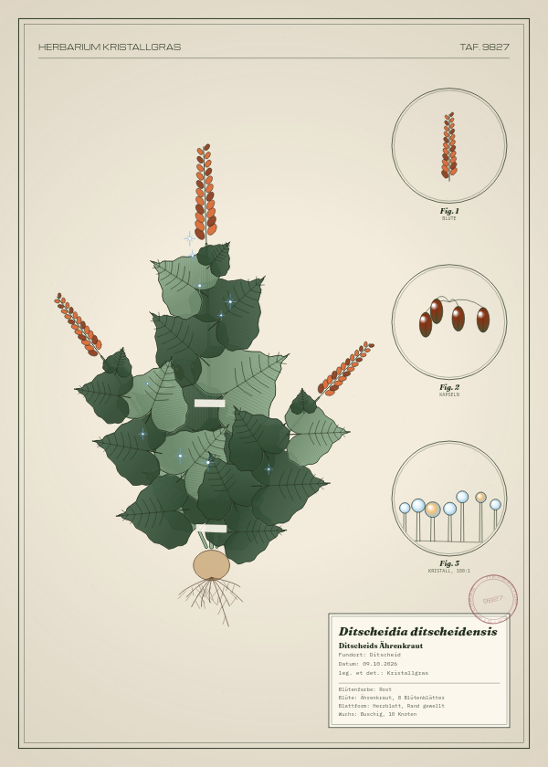 Botanische Tafel: Ditscheidia ditscheidensis, eine erfundene Pflanze aus Ditscheid, gezeichnet wie in einem alten Pflanzenatlas