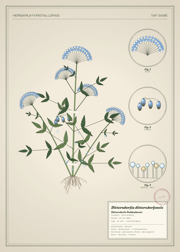 Botanische Tafel: Dittersdorfia dittersdorfensis, eine erfundene Pflanze aus Dittersdorf, gezeichnet wie in einem alten Pflanzenatlas