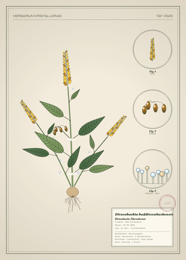 Botanische Tafel: Ditzenbachia badditzenbachensis, eine erfundene Pflanze aus Bad Ditzenbach, gezeichnet wie in einem alten Pflanzenatlas
