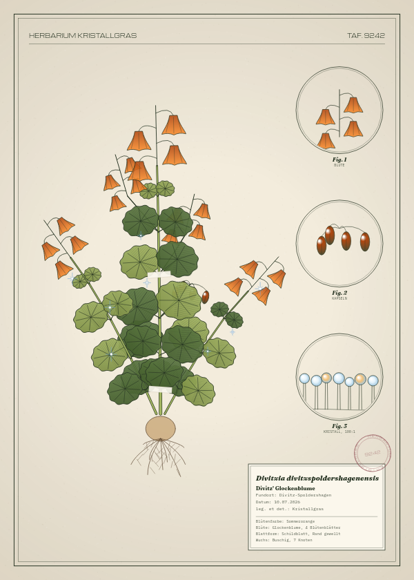 Botanische Tafel: Divitzia divitzspoldershagenensis, eine erfundene Pflanze aus Divitz-Spoldershagen, gezeichnet wie in einem alten Pflanzenatlas