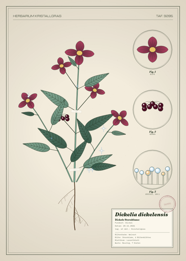 Botanische Tafel: Dickelia dickelensis, eine erfundene Pflanze aus Dickel, gezeichnet wie in einem alten Pflanzenatlas
