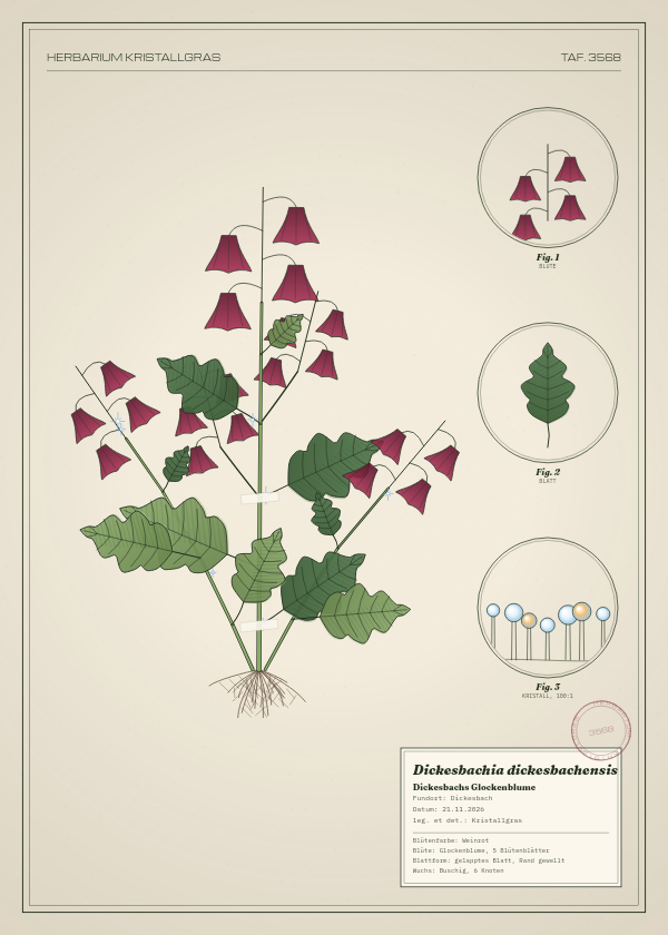 Botanische Tafel: Dickesbachia dickesbachensis, eine erfundene Pflanze aus Dickesbach, gezeichnet wie in einem alten Pflanzenatlas