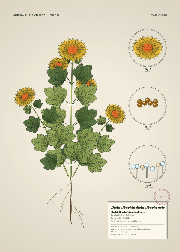 Botanische Tafel: Dichtelbachia dichtelbachensis, eine erfundene Pflanze aus Dichtelbach, gezeichnet wie in einem alten Pflanzenatlas