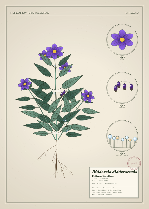 Botanische Tafel: Diddersia diddersensis, eine erfundene Pflanze aus Didderse, gezeichnet wie in einem alten Pflanzenatlas