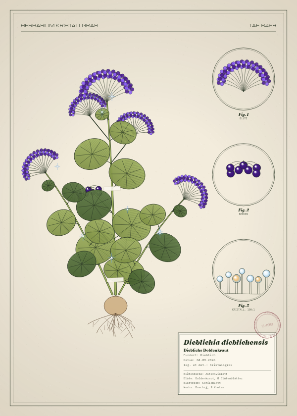 Botanische Tafel: Dieblichia dieblichensis, eine erfundene Pflanze aus Dieblich, gezeichnet wie in einem alten Pflanzenatlas