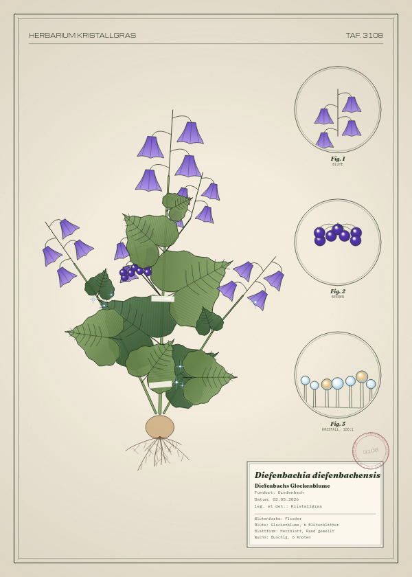 Botanische Tafel: Diefenbachia diefenbachensis, eine erfundene Pflanze aus Diefenbach, gezeichnet wie in einem alten Pflanzenatlas