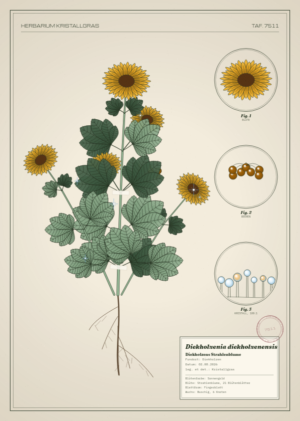 Botanische Tafel: Diekholzenia diekholzenensis, eine erfundene Pflanze aus Diekholzen, gezeichnet wie in einem alten Pflanzenatlas