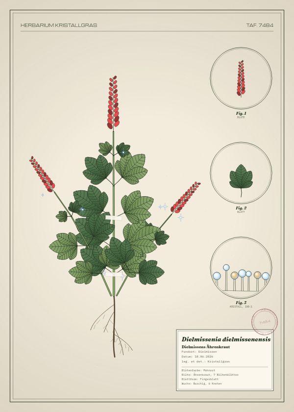 Botanische Tafel: Dielmissenia dielmissenensis, eine erfundene Pflanze aus Dielmissen, gezeichnet wie in einem alten Pflanzenatlas