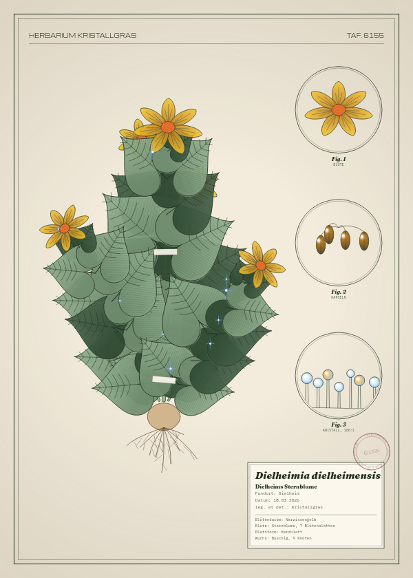 Botanische Tafel: Dielheimia dielheimensis, eine erfundene Pflanze aus Dielheim, gezeichnet wie in einem alten Pflanzenatlas