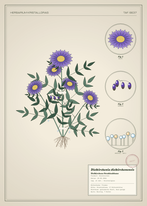 Botanische Tafel: Dielkirchenia dielkirchenensis, eine erfundene Pflanze aus Dielkirchen, gezeichnet wie in einem alten Pflanzenatlas