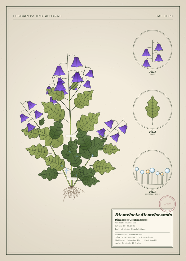 Botanische Tafel: Diemelseia diemelseensis, eine erfundene Pflanze aus Diemelsee, gezeichnet wie in einem alten Pflanzenatlas
