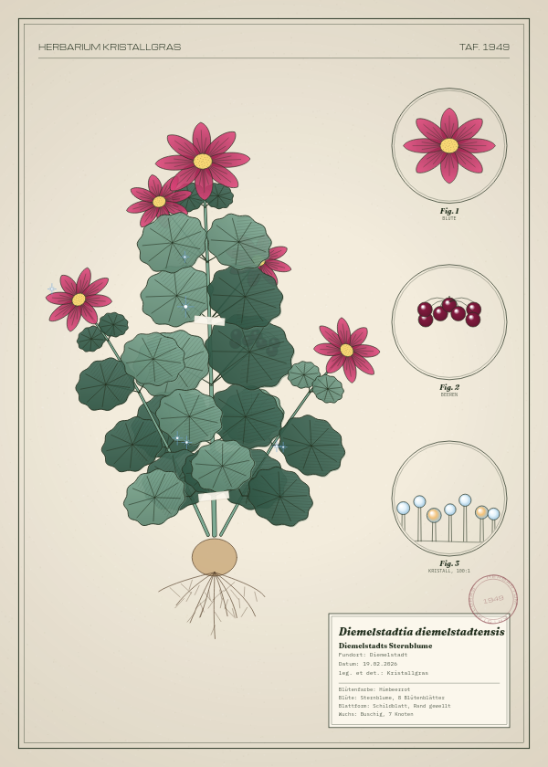 Botanische Tafel: Diemelstadtia diemelstadtensis, eine erfundene Pflanze aus Diemelstadt, gezeichnet wie in einem alten Pflanzenatlas
