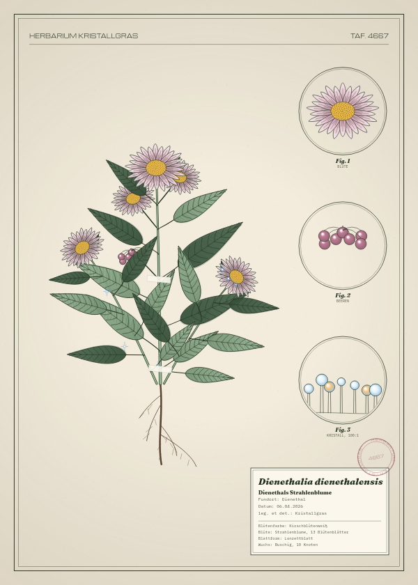 Botanische Tafel: Dienethalia dienethalensis, eine erfundene Pflanze aus Dienethal, gezeichnet wie in einem alten Pflanzenatlas